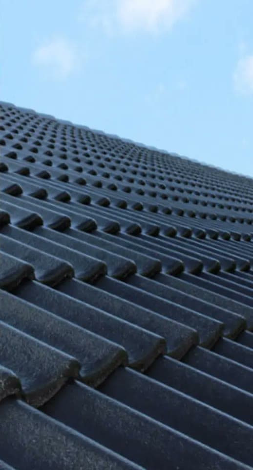 Roof tiles after a dark blue-black roof coating